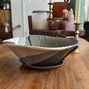 Handmade ceramic grey blue white berry bowl with dish organic